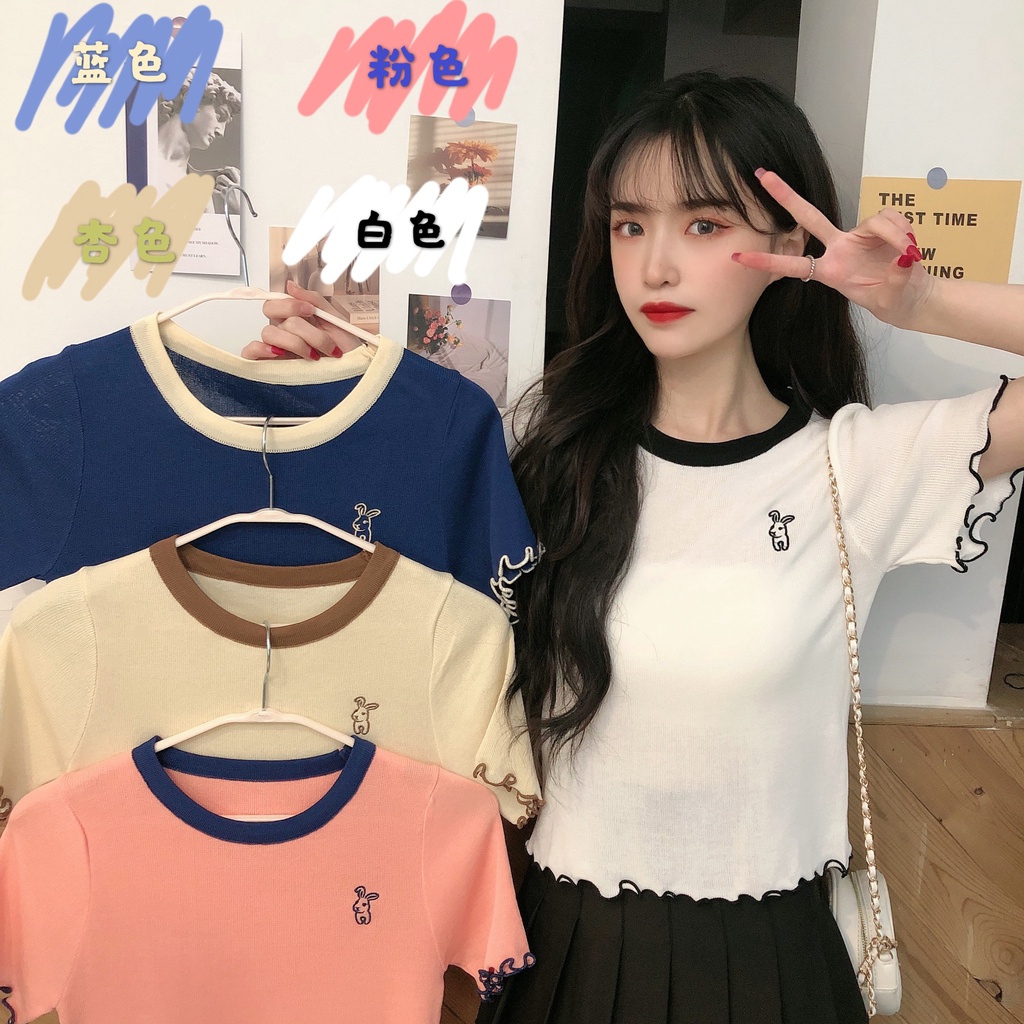 Áo thun nữ ZHELIHANGFEI tay ngắn vải lụa lạnh phối ren màu sắc tương phản phong cách Hàn Quốc thời trang mùa hè 2022