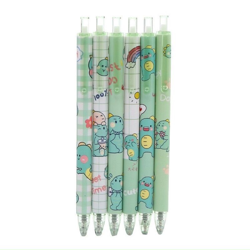 Bút bi mực nước cute ngòi 0.5mm/ bút bi bấm mực đen họa tiết khủng long xanh, thỏ, cô cậu bé, cá mập