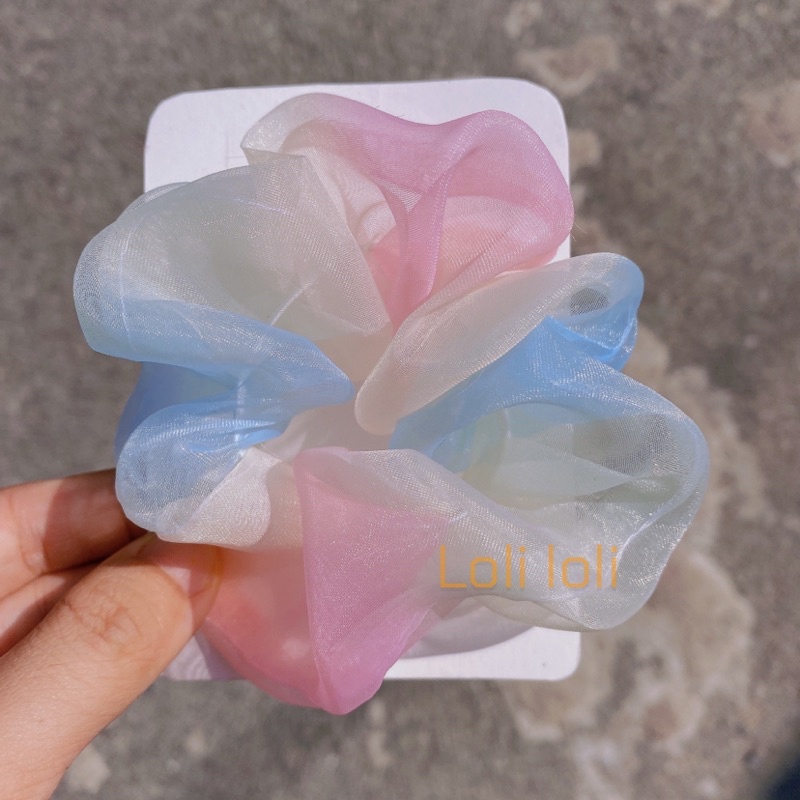 Scrunchies buộc tóc cầu vòng ánh kim lấp lánh cao cấp