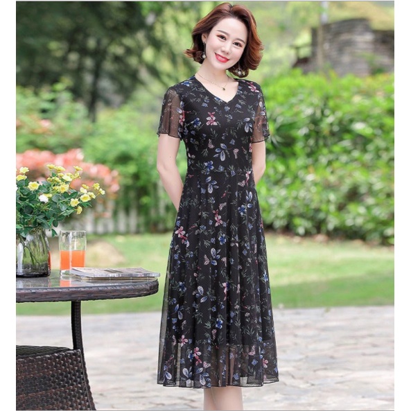 Váy trung niên cho mẹ sang trọng V74 - Shop áo đầm cho người lớn tuổi mùa hè đẹp cao cấp sang dự tiệc dạ hội Bigsize