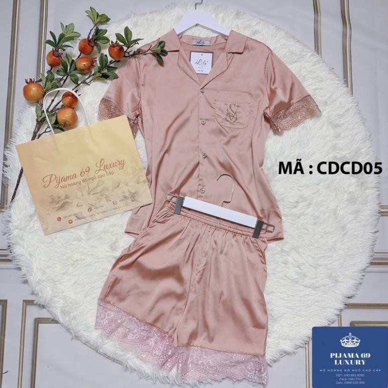 Pijama lụa ngắn tay cao cấp, đồ bộ mặc nhà nữ thiết kế chất latin loại 1 cộc đùi ren đính đá sang trọng 69 Luxury