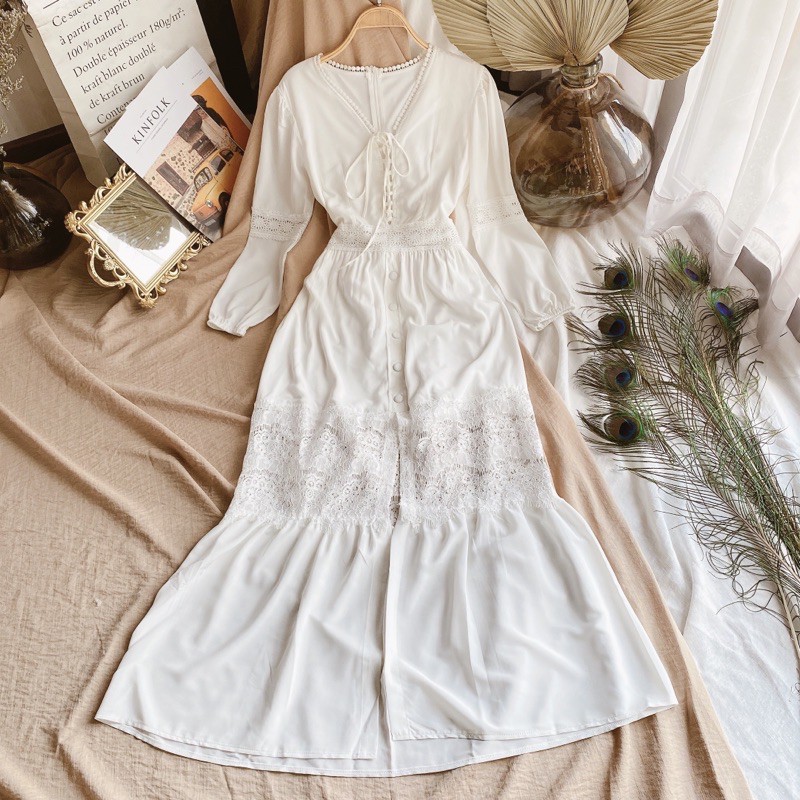 Đầm maxi trắng❤️Hình thật❤️Đầm maxi trắng cổ V | BigBuy360 - bigbuy360.vn
