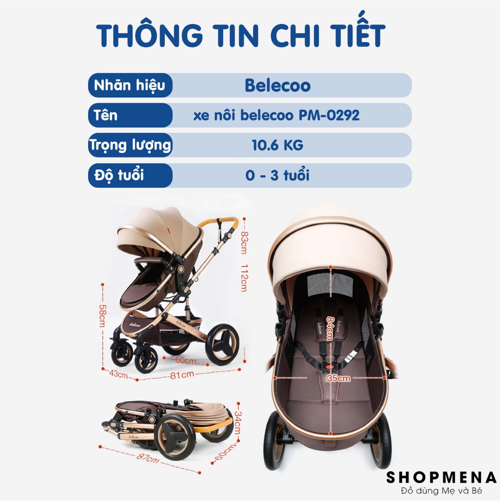 Xe Nôi Cho Bé 2 Chiều BELECOO PM-0292 Khung Thép Chắc Chắn Vừa Làm Nôi Vừa Làm Xe Đẩy, Gấp Gọn Thuận Tiện