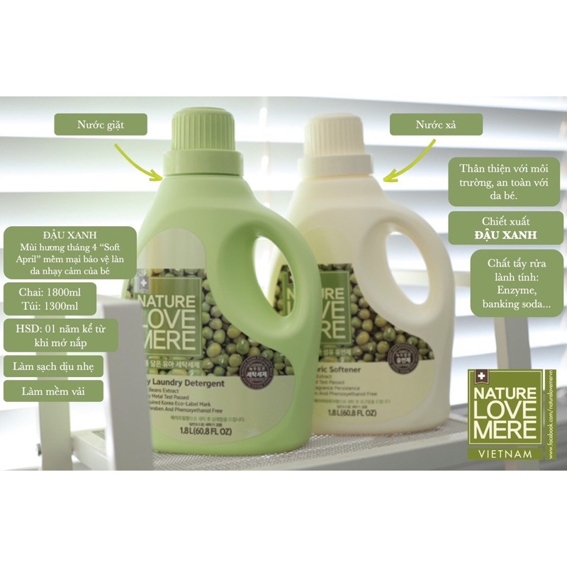 NƯỚC GIẶT/XẢ QUẦN ÁO CHO BÉ NATURE LOVE MERE HƯƠNG HẠT ĐẬU MUNG 1800ml/1300ml