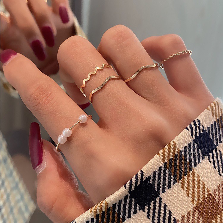 Set 5 Nhẫn Đính Hạt Giả Ngọc Trai Đơn Giản Phong Cách Hàn Quốc