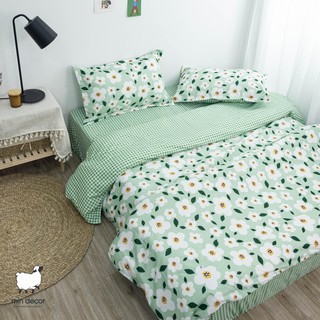 Drap Giường Hoa Kẻ Xanh 💖FREESHIP💖 Bộ Chăn Ga Gối Cotton 3D - Thiết Kế Mịn Decor