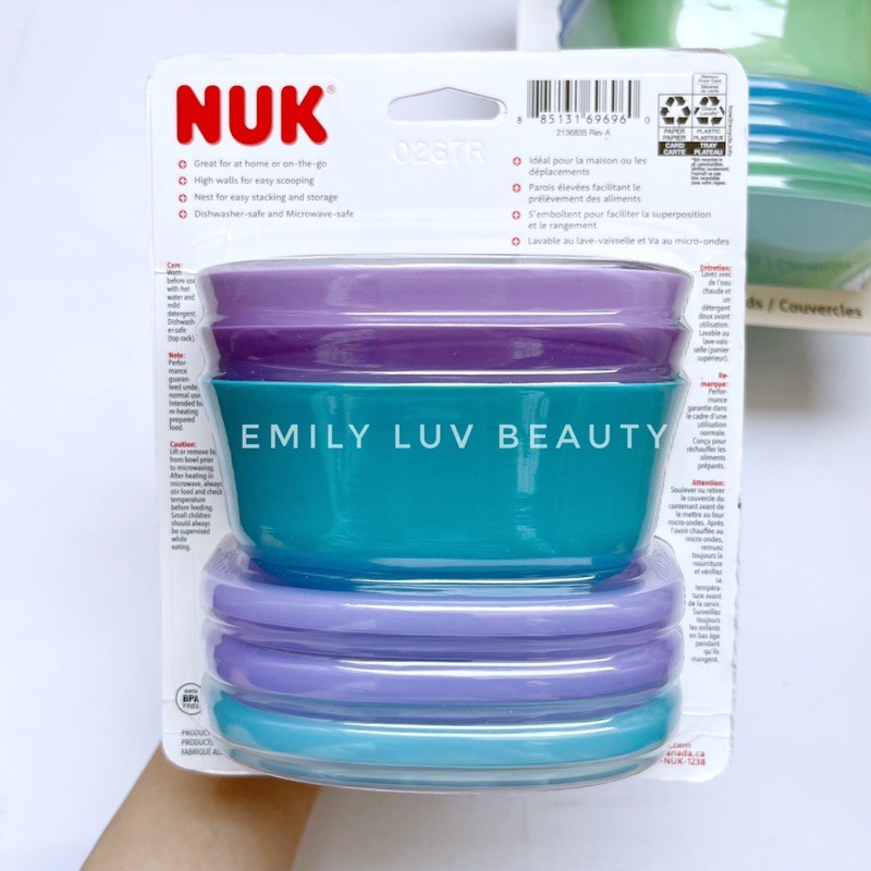 [Sản xuất tại Mỹ] Bộ 3 chén/bát ăn dặm cho bé Nuk có nắp đậy