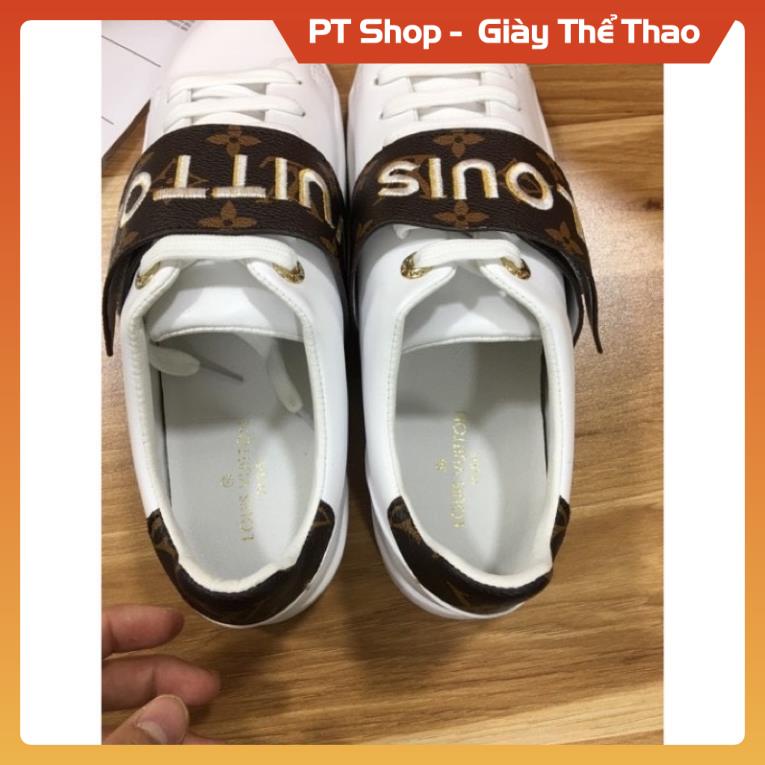 [FreeShip + HÀNG CAO CẤP ]  Giày lv thể thao nam nữ quai da dập chữ , Giầy sneaker trắng quai đen chữ thêu