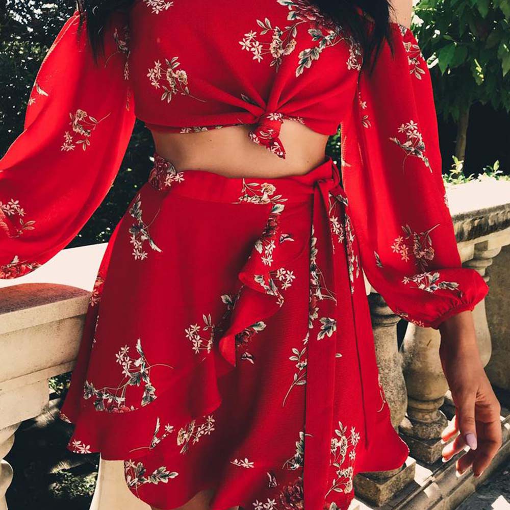 Set áo Croptop tay dài + chân váy bút chì phong cách Boho