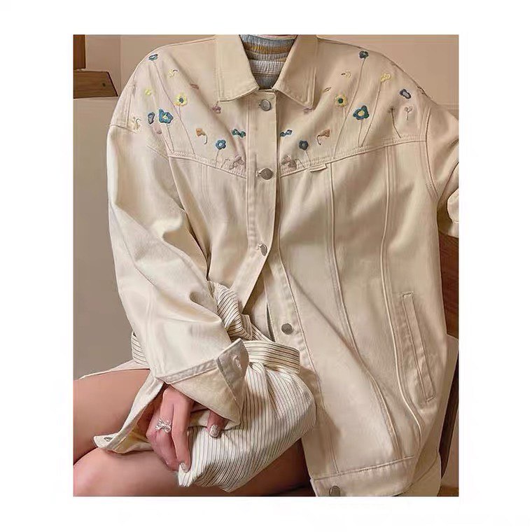 Áo khoác jean hoa nhí phong cách Hàn Quốc màu be order taobao ulzzang KURI.ORD