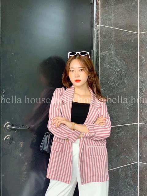[Ảnh thật/Video] Áo blazer kẻ 2 màu hồng xanh