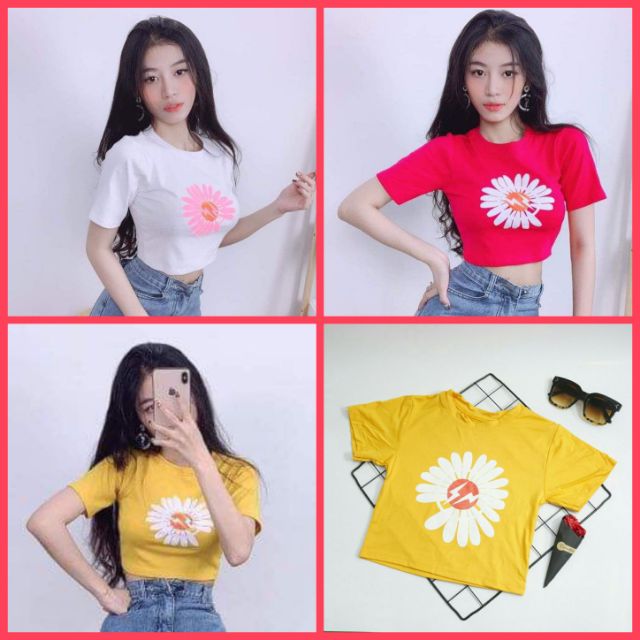 Áo Croptop in Hoa CT cotton Co giãn, thấm hút mồ hồi