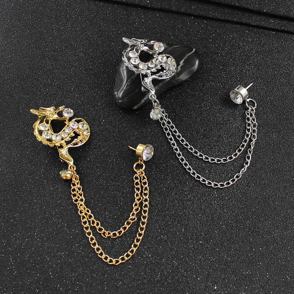 Ghim cài áo hình rồng đính kim cương giả phối dây xích thời trang Trung Hoa