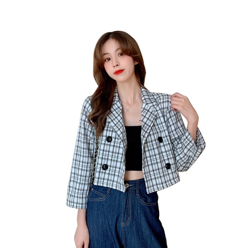 Áo Khoác Blazer Dáng Ngắn Họa Tiết Sọc Caro Thời Trang Hàn Quốc