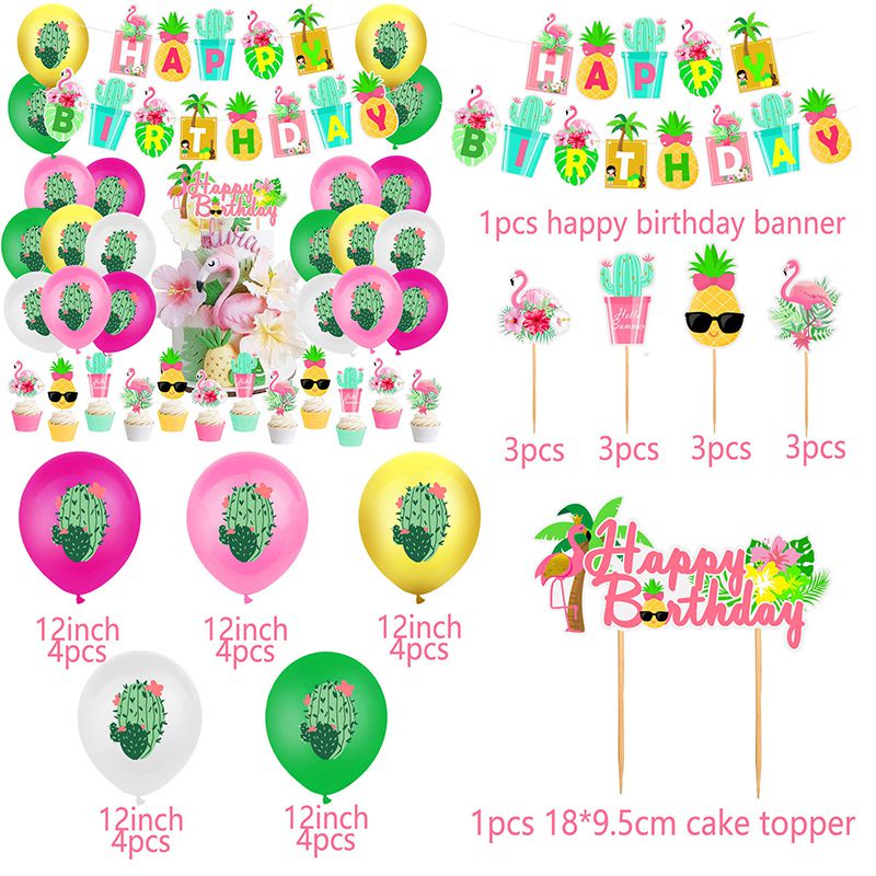 Hawaiian Theme Birthday Party Decoration  Flamingo Cactus Pineapple Coconut Banner Cake Balloon