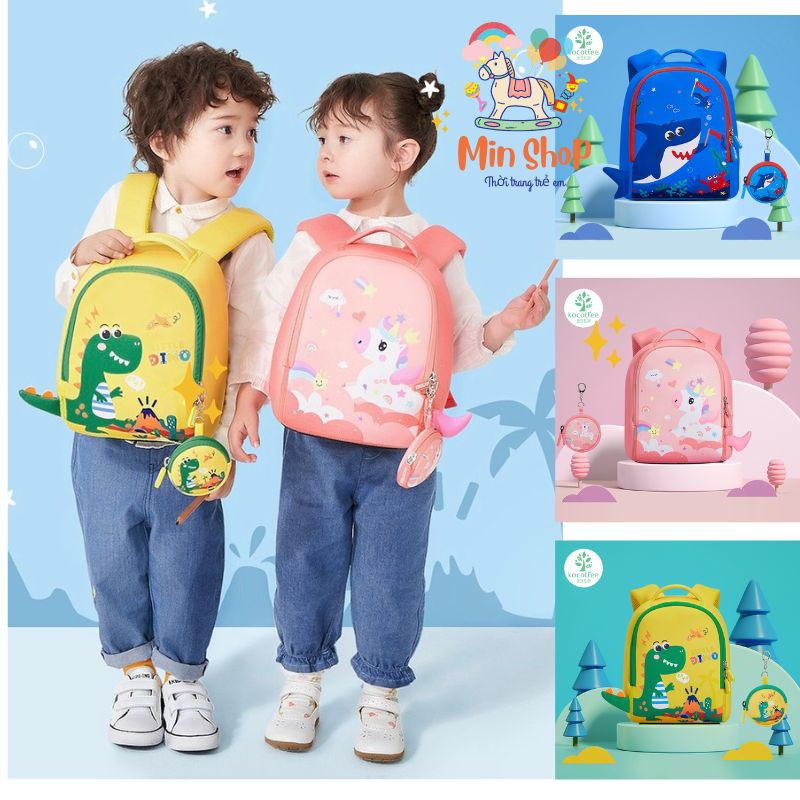 Balo cho bé, balo đi học mẫu giáo mầm non chống nước siêu nhẹ họa tiết khủng long cá mập kỳ lân thỏ dễ thương Min shop