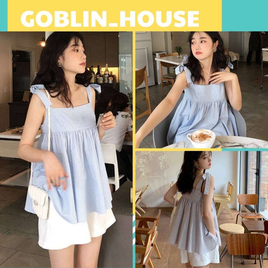 Set áo babydoll hai dây thắt nơ kẻ xanh và quần short / Set đồ ulzzang xinh freesize - Có ảnh feedback