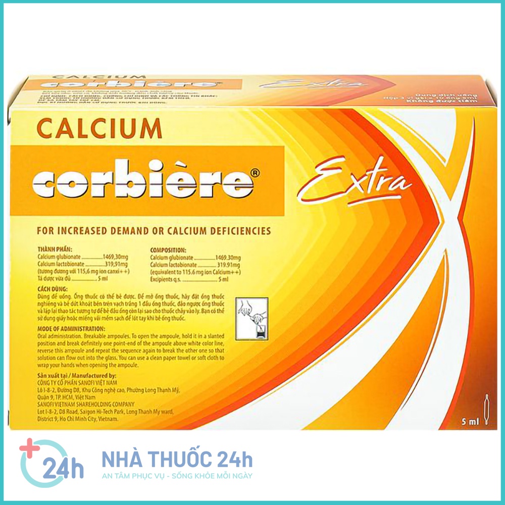 Siro Calcium Corbiere Extra Kids  - Tăng cường calci bổ sung canxi phòng ngừa loãng xương còi xương - Hộp 30 ống