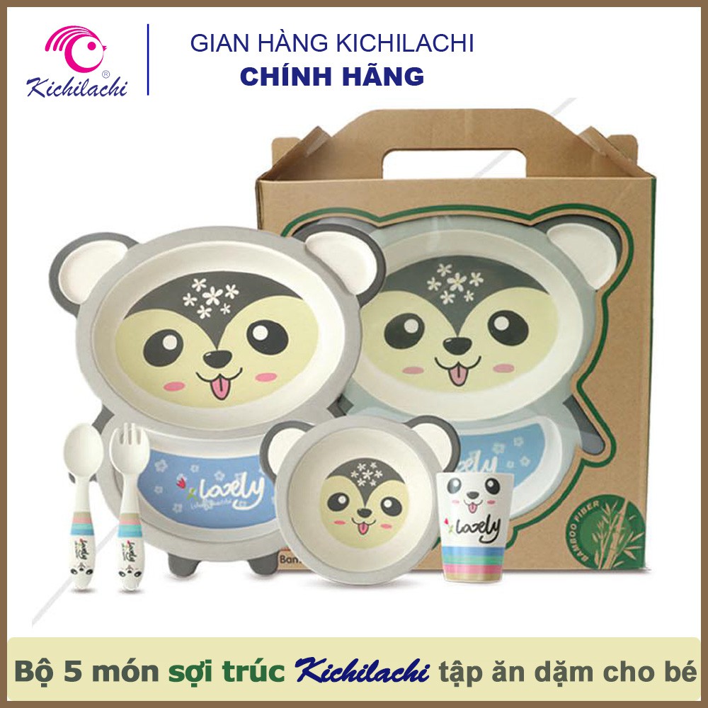 Khay ăn dặm sợi tre Kichilachi, Bộ sản phẩm ăn dặm 5 món cho bé (Hình gấu)