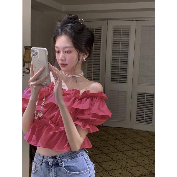 Áo trễ vai dáng croptop nhún bèo màu trắng, hồng
