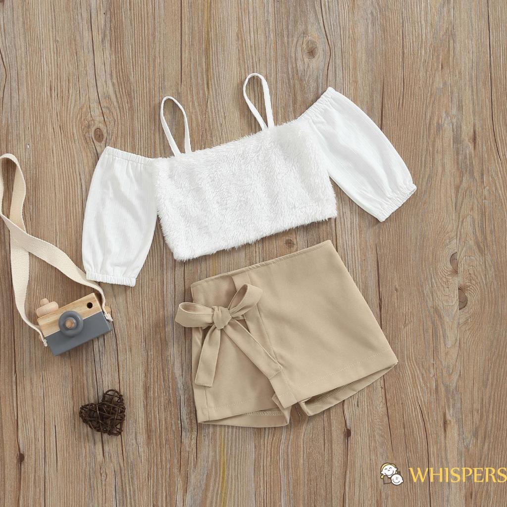 Bộ Áo Tay Dài Trễ Vai Phối Lông + Quần Short Lưng Cao Thời Trang Cho Bé Gái 1-6 Tuổi
