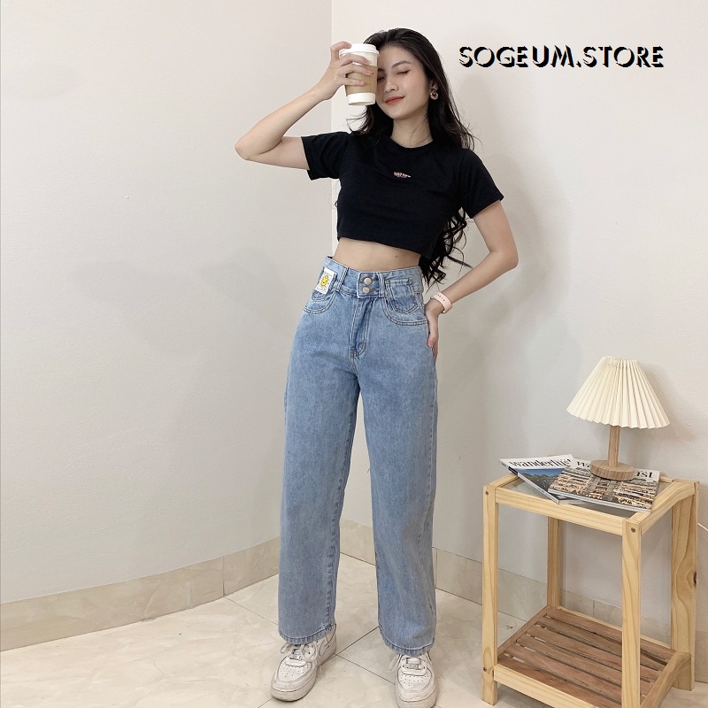 Quần jean nữ ống rộng, Quần bò nữ cạp lưng cao dáng suông chất bò dầy dặn Sogeum.store Q125