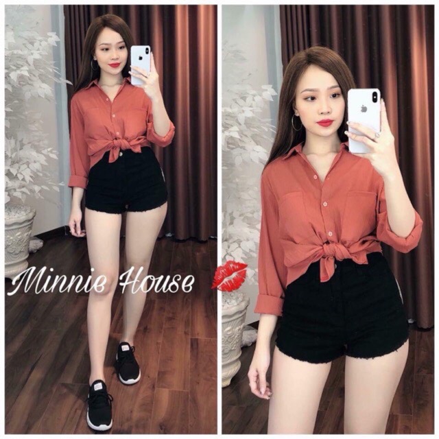 ✨Áo sơ mi màu nâu đỏ tay dài cổ bẻ phối túi [H2001]
