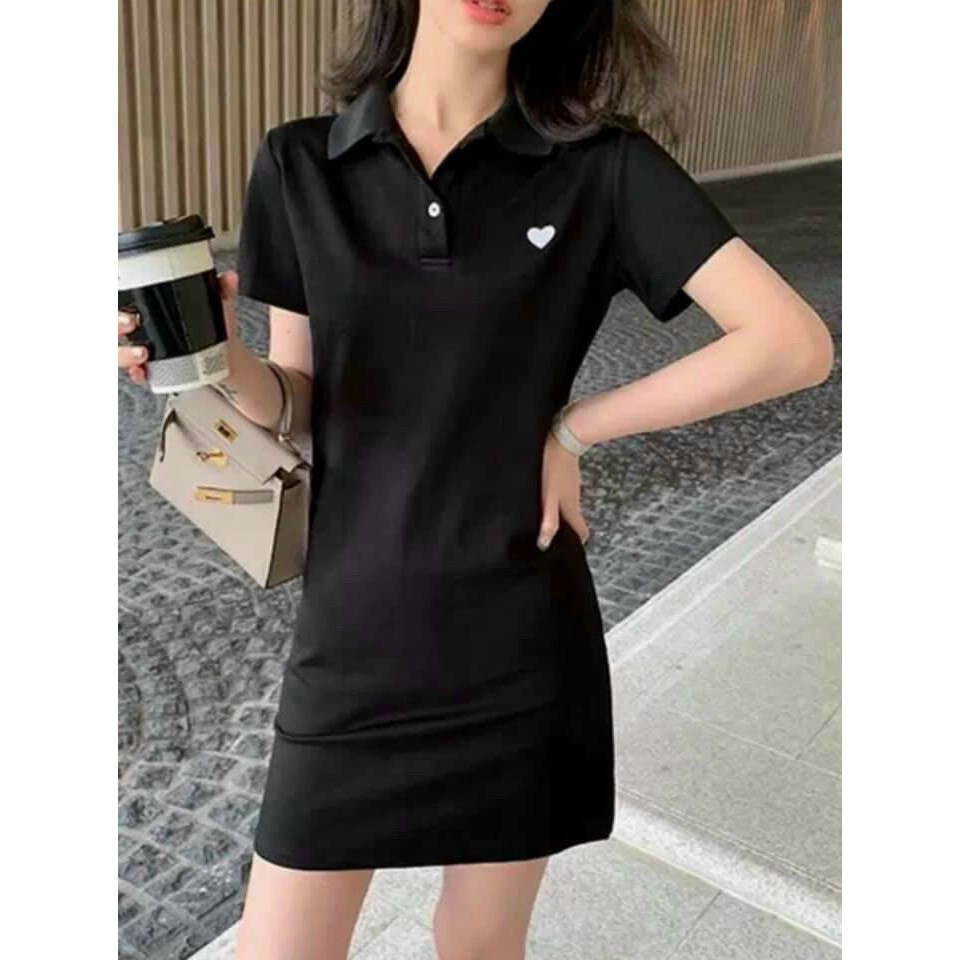 đầm chất thun gân cổ  bẻ polo thêu tim xinh