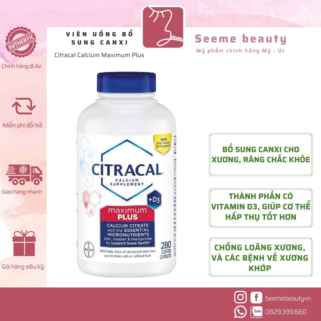 [Date xa] Viên uống bổ sung canxi CITRACAL Maximum Calcium Citrate 280v SeeMe beauty-VA-011