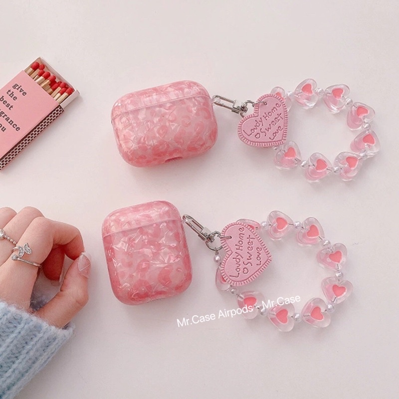 Case Airpods 1/2 /Pro Vỏ Ốp Tai Nghe Hình Màu Hồng Loang Xà Cừ Kèm Dây Móc Khoá Xinh- Mr.Case AirPods