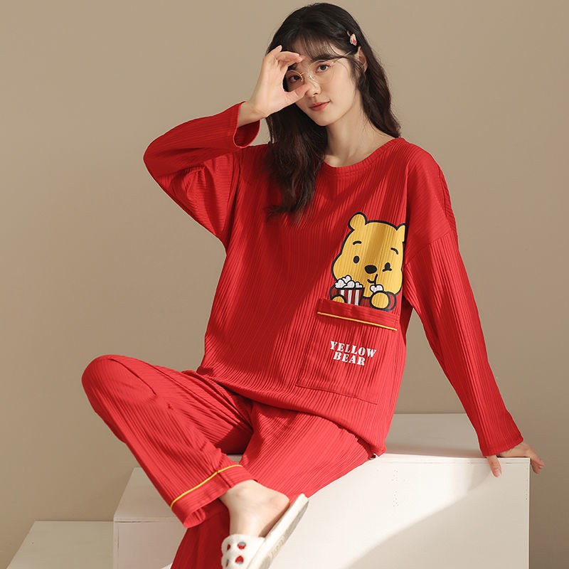 Bộ đồ ngủ tay dài chất liệu Cotton nguyên chất thời trang xuân thu Size lớn cho nữ