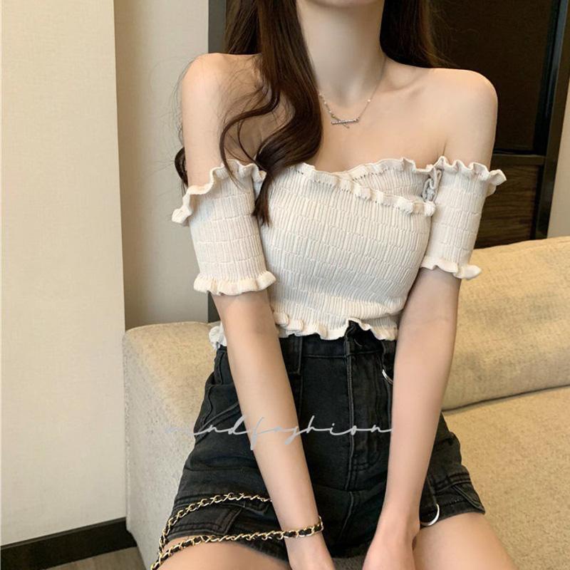 Áo dệt kim ngắn tay phong cách hàn quốc áo ngắn tay xéo vai gợi cảm ngọt ngào nhiều màu sắc