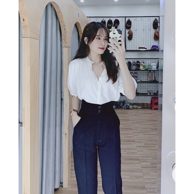 Quần baggy vải cạp cao hack dáng - dài chân