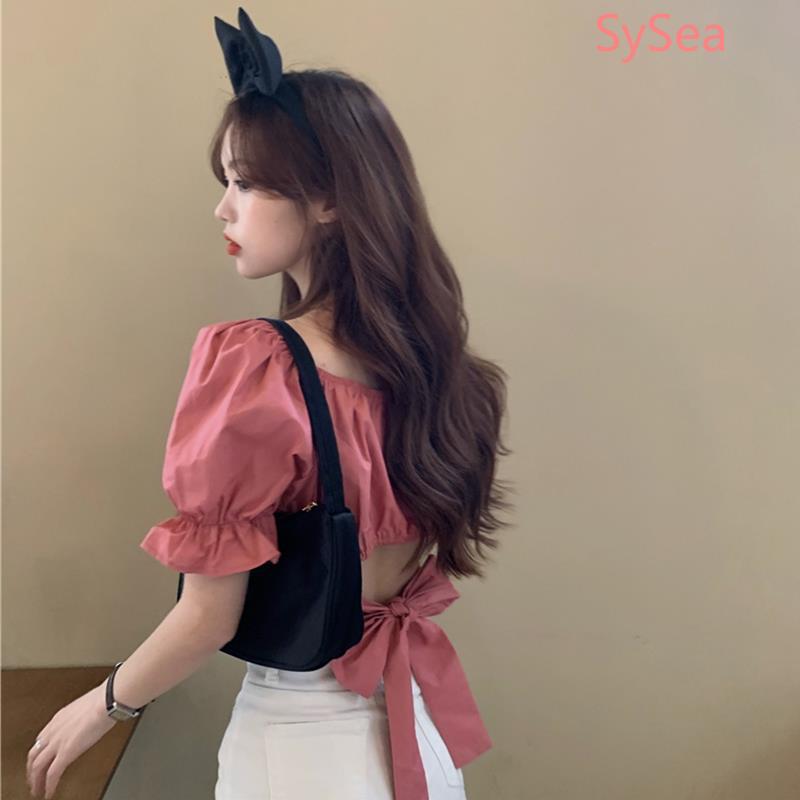 Áo croptop tay ngắn phối nơ thiết kế thanh lịch tùy chọn màu sắc