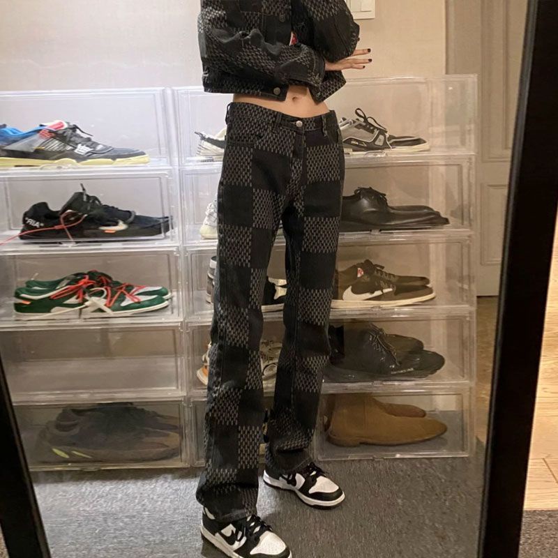 Set Áo Khoác Denim + Quần Dài Lưng Cao Ống Đứng Họa Tiết Sọc Caro Phong Cách Mỹ Thời Trang Mùa Thu Cho Nữ