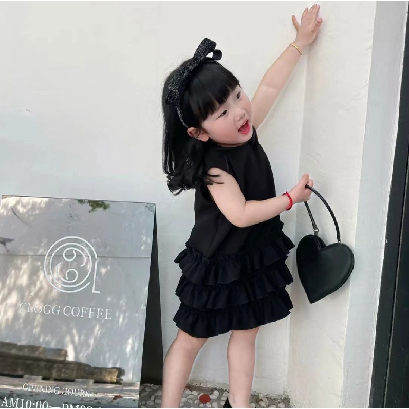 Đầm Mùa Hè Tay Cộc Màu Đen Phong Cách Hàn Quốc Hợp Thời Trang Dễ Thương Cho Bé Gái