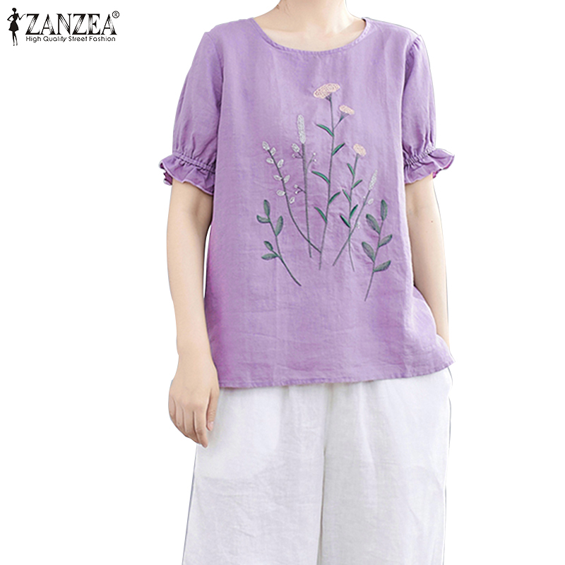Áo kiểu ZANZEA vải cotton tay ngắn màu trơn thêu hoa phong cách học đường đơn giản thời trang nữ