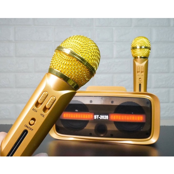 Loa Karaoke Bluetooth ST-2028 Bass Đôi Có Đèn Led Và Khen Cắm Điện Thoại Kèm 2 Micro Không Dây