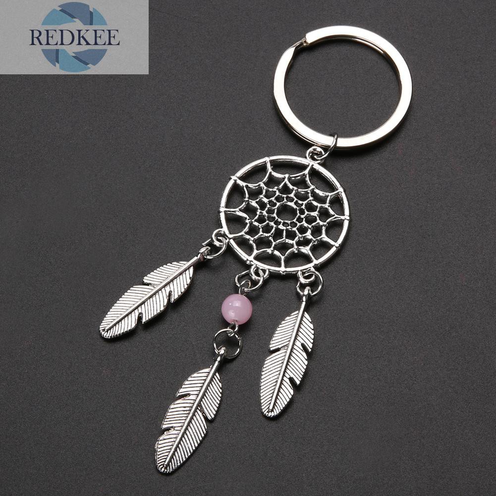 Móc Khóa Hình Dream Catcher Màu Bạc Phối Lông Vũ Tua Rua