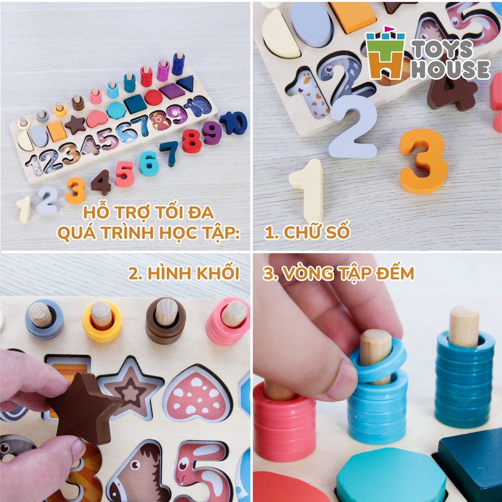 Bảng gỗ học chữ số, hình khối và tập đếm giáo dục sớm cho trẻ Toyshouse 574 Đồ chơi lắp ghép cho bé,