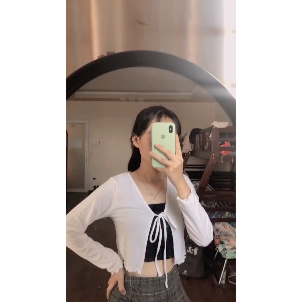 Set áo 2 món khoác cardigan tay dài cột nơ