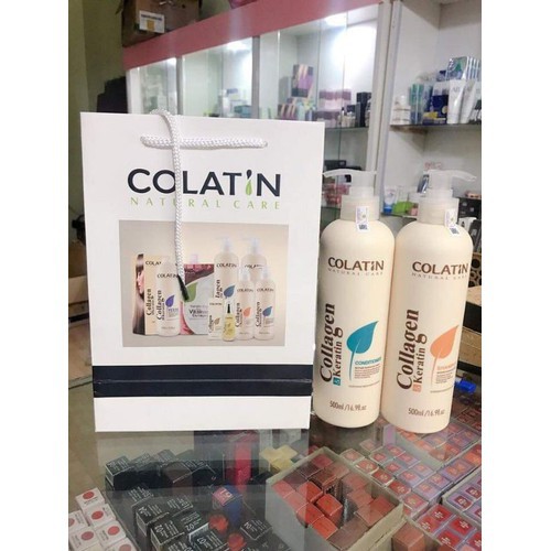 Cặp dầu gội, dầu xả Colatin Collagen và Keratin 500ml dành cho tóc hư tổn, khô xơ với dưỡng chất tơ tằm