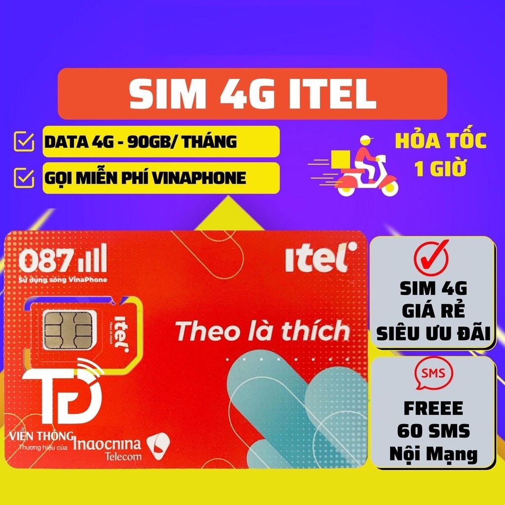 Sim 4G iTel MAY77 Mạng Vinaphone Data 90Gb/Tháng, Gọi Miễn Phí VinaPhone, Free 60 SMS, Sim 4G Giá Rẻ