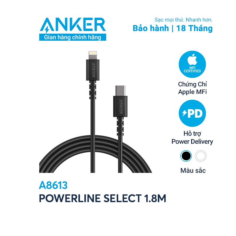 Cáp sạc ANKER Select Lightning to USB-C dài 1.8m - A8613