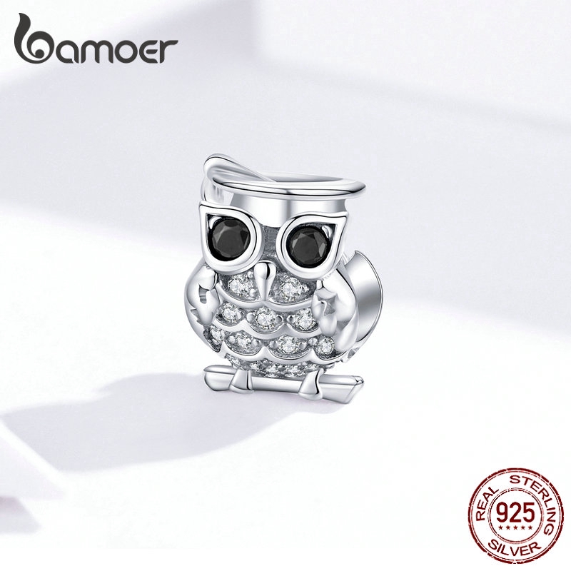 Hạt charm Bamoer bằng bạc 925 hình chim cú xinh xắn làm vòng đeo tay cho nữ