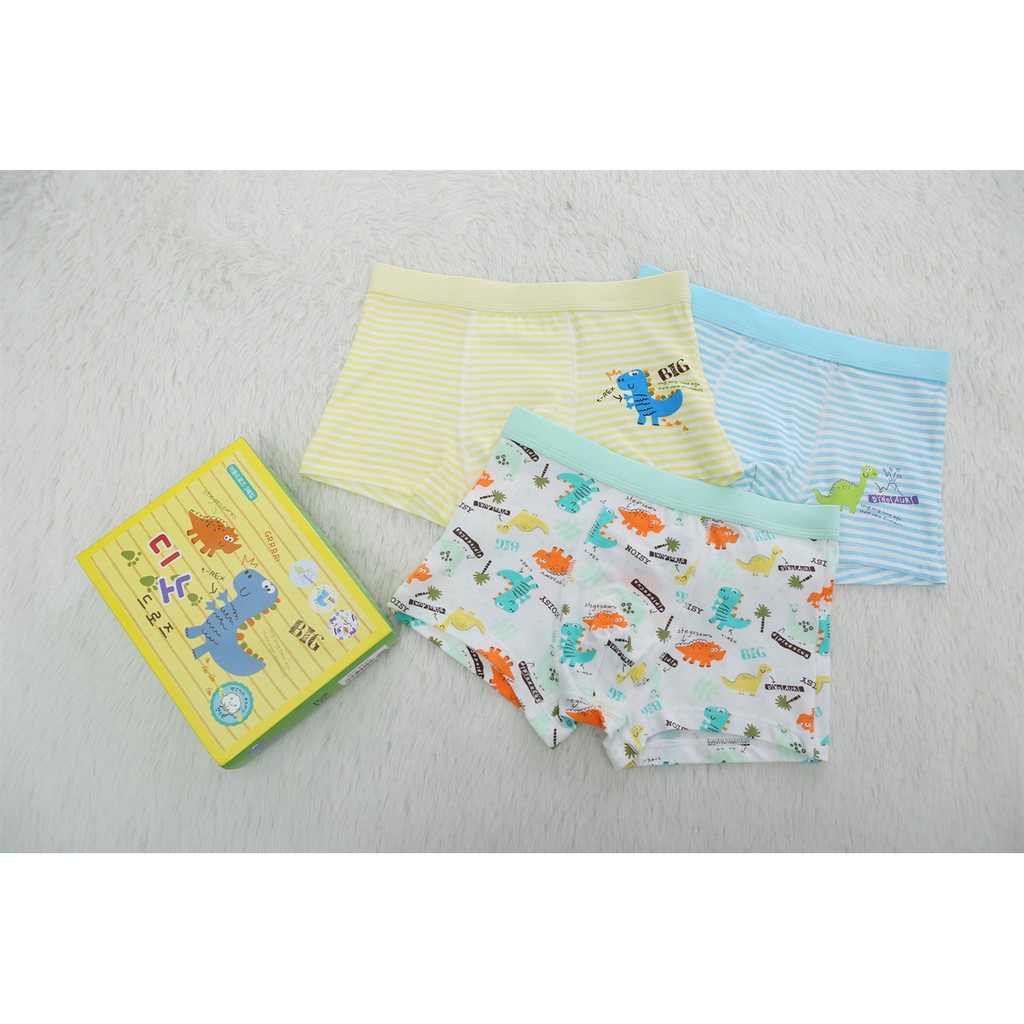 Hộp 3 quần lót dạng đùi Boxer bé trai Hàn Quốc 100% cotton mẫu Khủng Long Xanh Dương