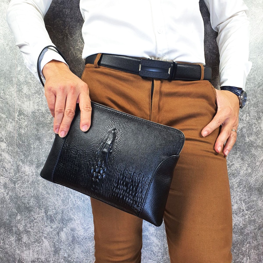 Clutch nam da bò thật phối da vân cá sấu có khóa số CL143LEA  - 100% da thật, BH 3 năm