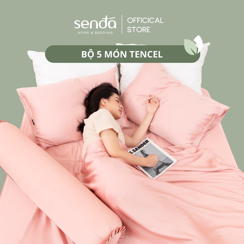 Bộ chăn ga gối 5 món Lụa Tencel Sen Đá Home Bedding cao cấp trơn màu, Set drap giường nệm 1m6 1m8 Lyocell Satin 60S