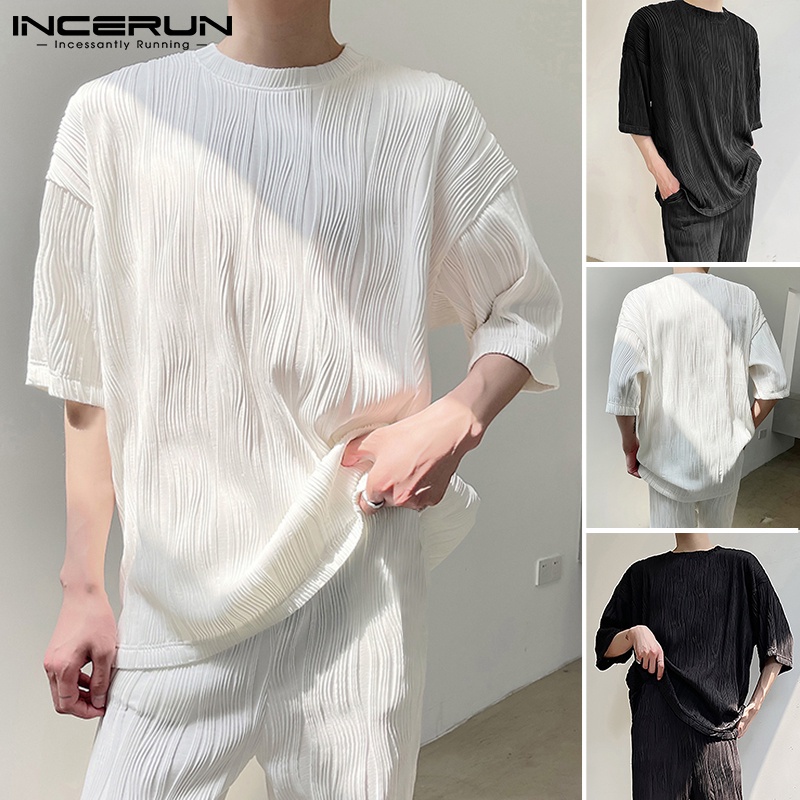 Áo thun INCERUN tay ngắn cổ tròn màu trơn phong cách đơn giản thường ngày dành cho nam