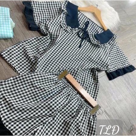 Đồ bộ ngủ đùi họa tiết caro chất lụa hàn mịn mát dễ thương mặc nhà